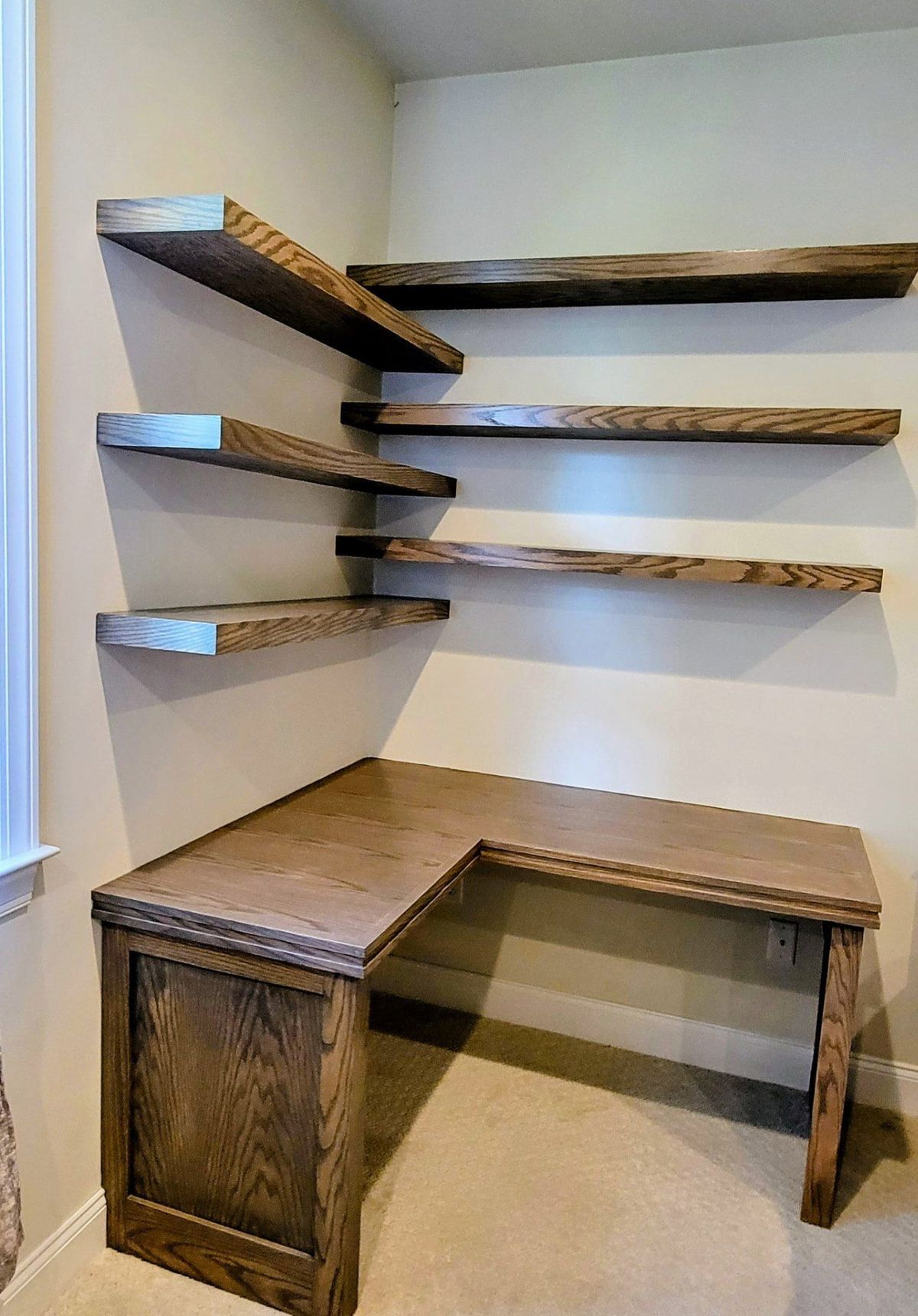 Custom wood home office desk with floating shelves in Ridgefield, CT