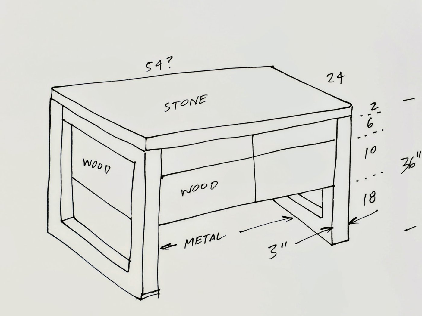 Original design sketch of a custom kitchen island with stone countertop, wood drawers and metal base, built in Bedford, NY