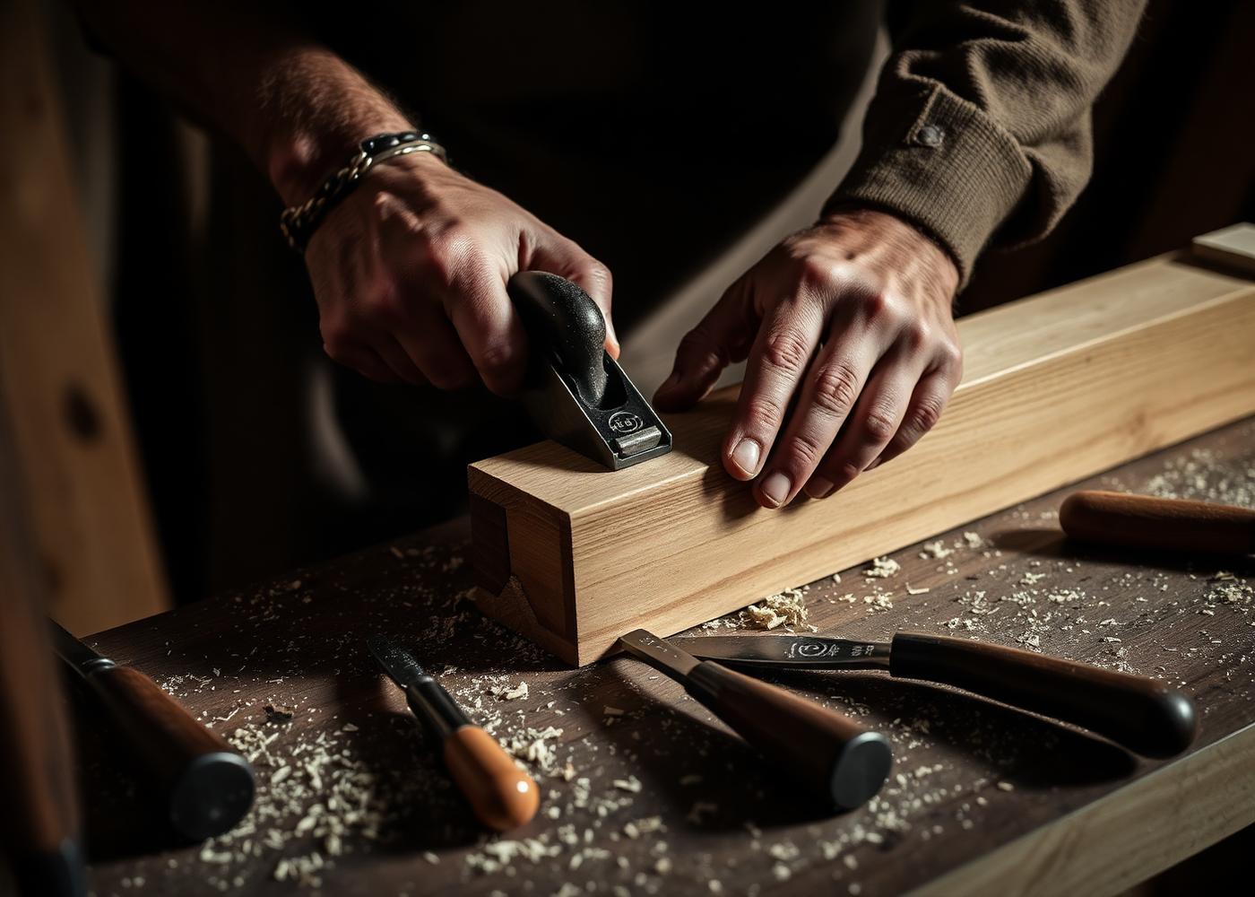 Hands fitting a hand-planed wood joint at a workbench
